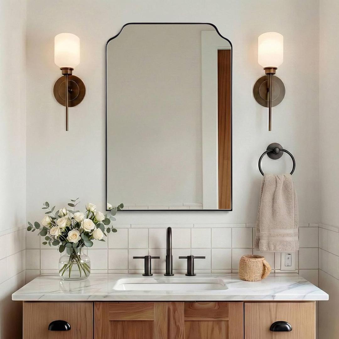 24”x36” Matte Black Scalloped Wall Mirror, Modern Farmhouse Rectangular Bathroom Mirror for Vanity, Solid Stainless Steel 1-Inch Deep Frame for Double Vanity & Mantel Decor