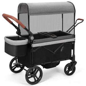 ELEMARA All-Terrain Stroller Wagon for 2 Kids, Foldable Kids Wagon Stroller Includes Removable Canopy,Mosquito net, Adjustable PushPull Handle,Snack Tray & Cup Holders, Storage Basket, Grey+Black