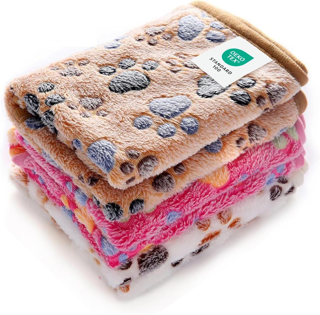 Luciphia 1 Pack 3 Blankets Super Soft Fluffy Premium Fleece Pet Blanket Flannel Throw for Dog Puppy Cat Paw Brown/Pink/White, Medium (30x20 inch)