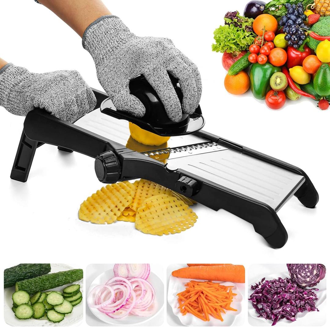 VEKAYA Mandoline Slicer for Kitchen, Stainless Steel Professional Vegetable Slicer with Adjustable Thickness, Ultra Sharp Blades, Safety Gloves & Food Holder, Ideal for Potatoes, Onions, Cucumbers (Black)