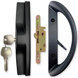 Patio Sliding Door Handle Set with Mortise Lock, Key Cylinder and Face Plate, Full Replacement Handle Lock Set Fits Door Thickness from 1-1/2" to 1-3/4", 3-15/16" Screw Hole Spacing, Black