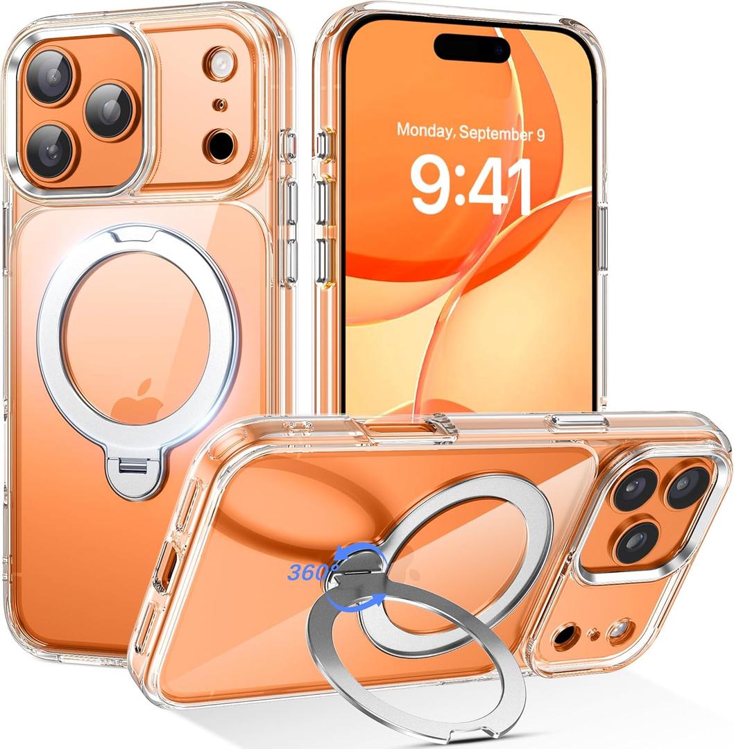DUEDUE for iPhone 17 Pro Case with 360Spin Magnetic Stand[Compatible with MagSafe][Rotatable Ring Holder], Clear Cover Anti-Yellowing Protection Cases for iPhone 17 Pro 6.3", Clear