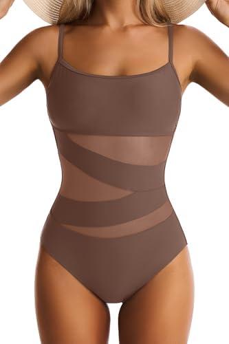 EVOCRCO Womens Mesh One Piece Swimsuit Tummy Control Bathing Suit Sexy Push Up Swim Suit Slimming Swimwear, M