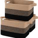OIAHOMY Storage Basket, Woven Baskets for Storage, Cotton Rope Basket for toys,Towel Baskets for Bathroom - Pack of 3, Black & Brown (3 pcs-13x9.9x8.7)