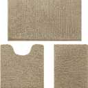 HOMEIDEAS 3 Pieces Bathroom Rugs, Ultra Soft Non Slip Absorbent Chenille Toilet Bath Mat Set (Taupe) (1'8" x 2'8" (17"x24"+20"x32"+U Shape 20"x24"))