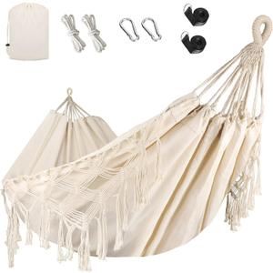 Bellzacasa Double Hammock, Heavy Duty 500 lb Load Capacity Tassels and Fishtail Knitting with Mounting Straps for Outdoor Camping Patio Balcony Beige