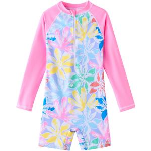 UMELOK Girls Long Sleeve Rash Guard One Piece Swimsuits with UV Protection Sunsuit (9-10 Years, Colorful Leaves)