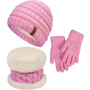 YSense 3 Pcs Kids Winter Beanie Hat Scarf Gloves Set Thick Knit Warm Fleece Fuzzy Lined Beanie Caps Mittens for Boys Girls (Pink)