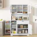 Shintenchi Kitchen Pantry Storage Cabinet, Freestanding Buffet Cabinet with Microwave Stand & 4 Door Shelves, Kitchen Hutch with Doors, Adjustable Shelves and Rack, White