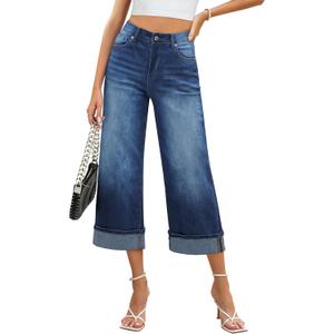 GRAPENT Wide Leg Jeans for Women High Waisted Stretchy Denim Crop Pants Fold Hem Cropped Baggy Jeans with Pockets (XX-Large, Classic Blue)