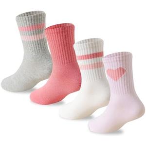 Wamvp Girls Socks Kids Pink Crew Athletic Socks with Hearts Striped 4 Pairs for Children 10-12Y