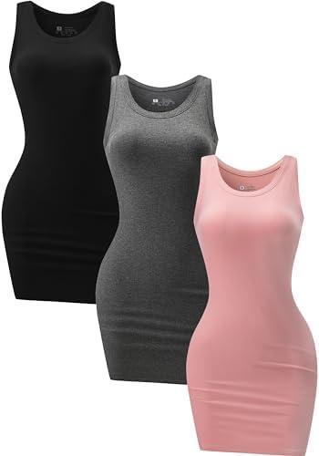 Chongbaijia 3 Pack Summer Dresses for Women 2025 Tank Top Dress Scoop Neck Sleeveless Sundress Basic Bodycon Mini Dress M