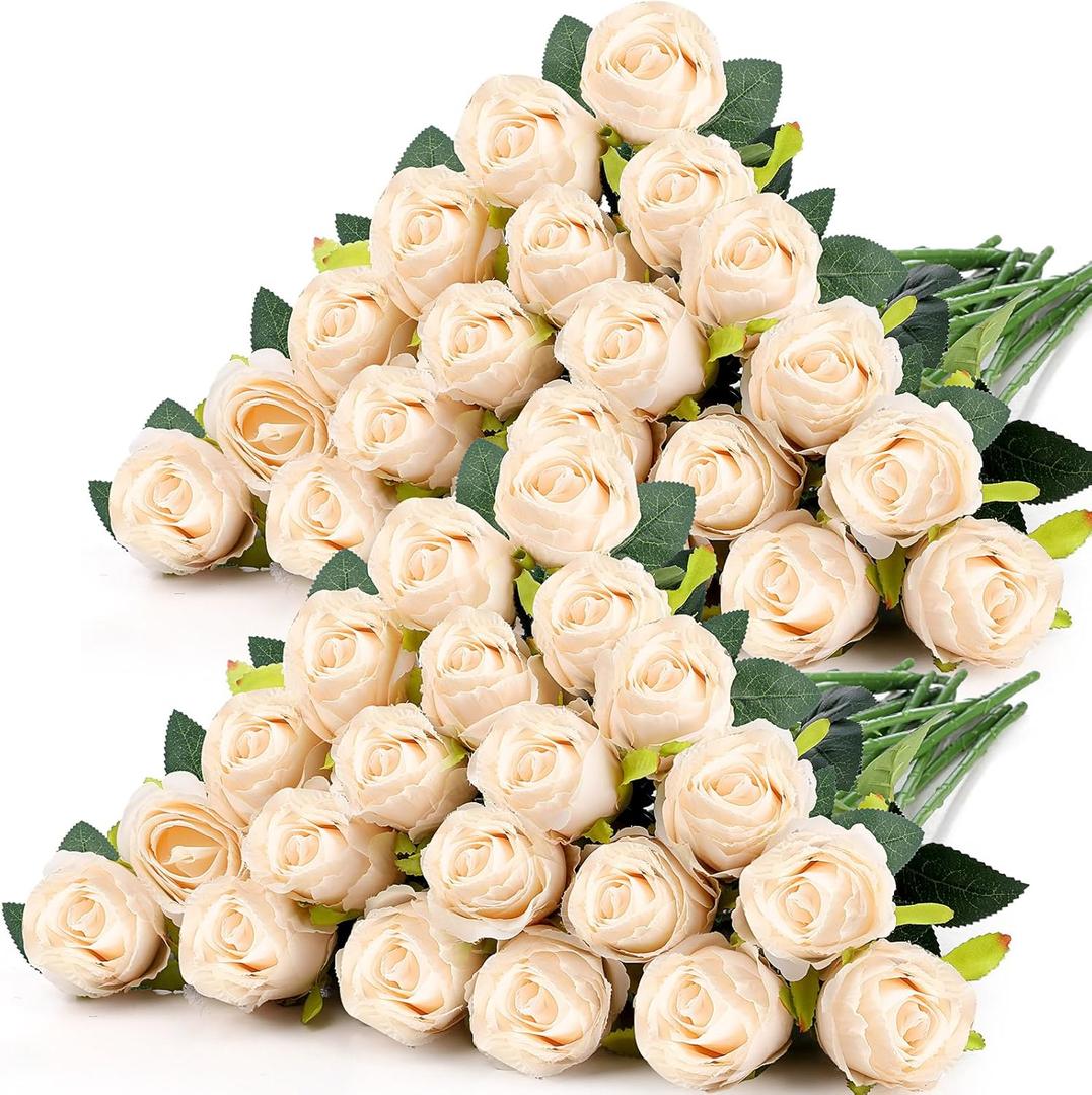 Hotop 40 Pcs Rose Artificial Flowers Bulk with Long Stem,Realistic Silk Fake Roses Bouquet for Home Wedding Centerpieces Party Table Decoration Valentines Gifts(Cream)
