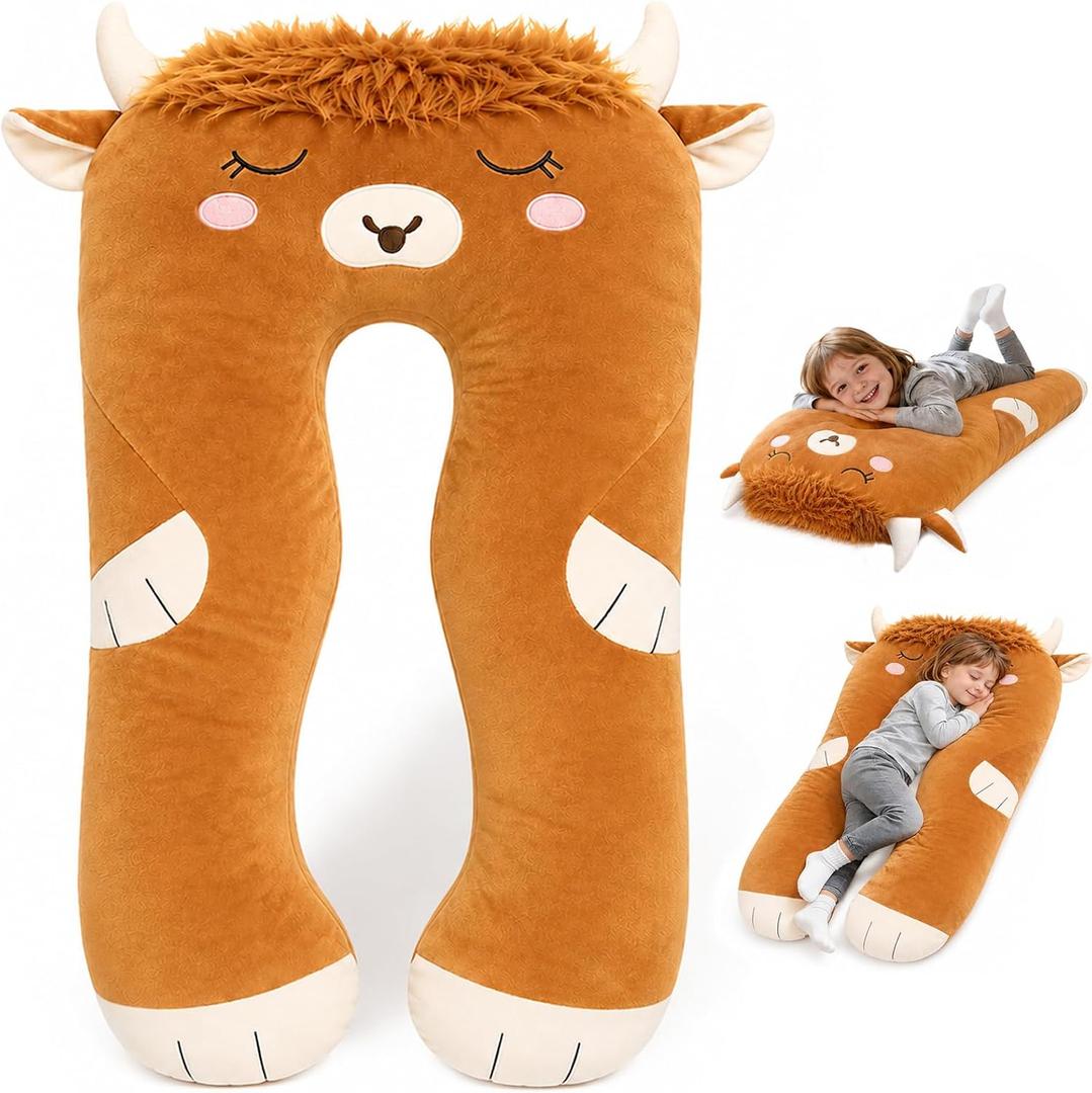 47x23 inch U Shaped Long Plush Body Pillows for Kids, Stuffed Animal Highland Cow Soft Large Pillow for Sleeping, Big Cute Plushies, Washable Cover, Gift for Boys and Girls, 47"L x 32"W x 6"H