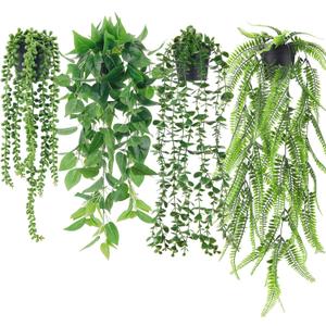 Der Rose 4Pcs Fake Plants Hanging Artificial Ivy Vine Faux Eucalyptus Hanging Plants, Boston Fern, String of Pearls for Home Boho Wall Shelf Indoor Outdoor Decor (4 Packs Black Pots)