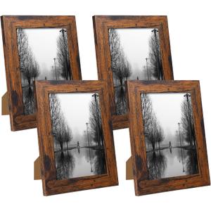 IRahmen 5x7 Picture Frame Set of 4, High Definition Glass 5 x 7 Frame, Wood Rustic Photo Frames for Horizontal or Vertical Display Tabletop and Wall Mounting, Dark Brown