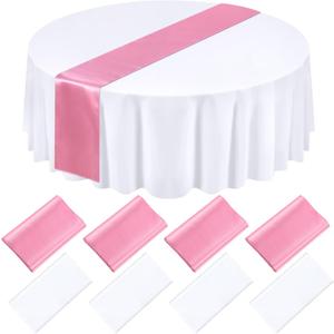 Tudomro 8 Pcs White and Light Pink Round Plastic Tablecloth and Satin Table Runner Set 84 Inch Round Covers 12 x 108 Inch Table Runners for Wedding Birthday Party Baby Shower Anniversary (White, Light Pink)