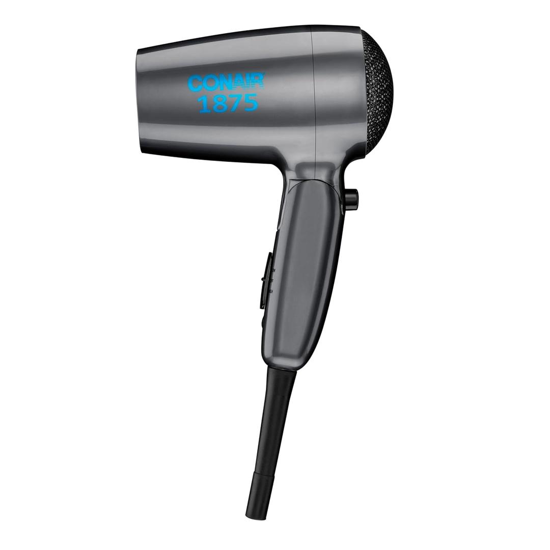Conair Travel Hair Dryer with Dual Voltage, 1875W Compact Blow Dryer with Folding Handle, Gray