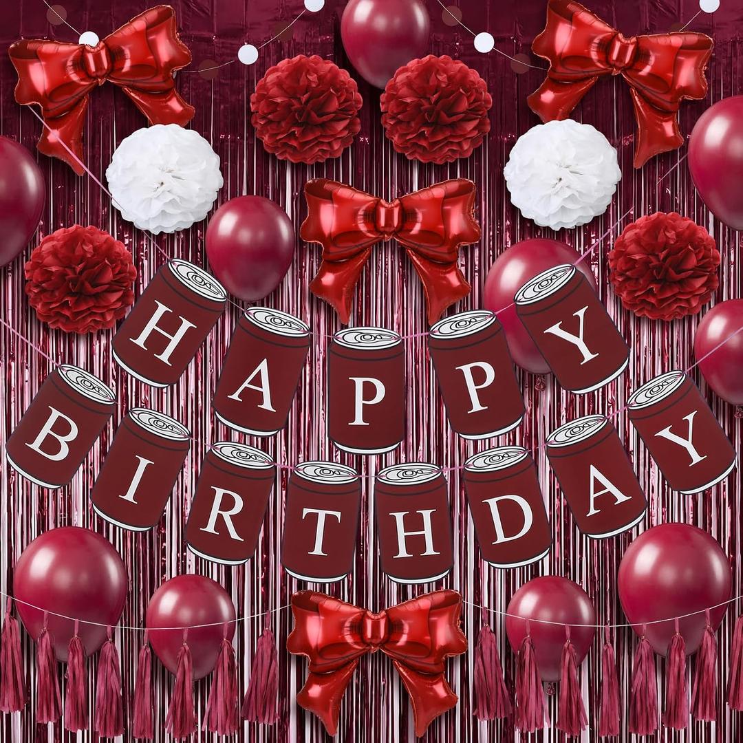 Arrowbash 33 Pcs Burgundy Maroon White Birthday Decorations Include Happy Birthday Banner, Red Tinsel Foil Backdrop, Tissue Paper Pom Poms, Circle Dots Garland, Bow Balloons, Paper Tassels