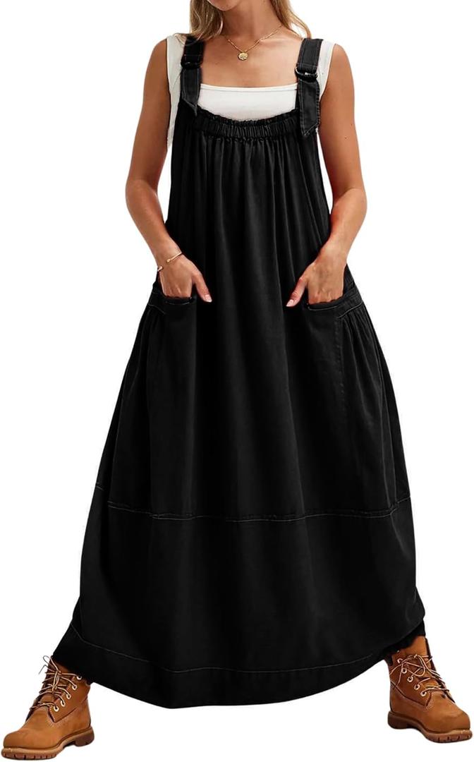 Yeokou Womens Overall Dress Cotton Barrel Midi Travel Dress Loose Fit Adjustable Straps Big Pockets Jumpsuits (Medium, Black)