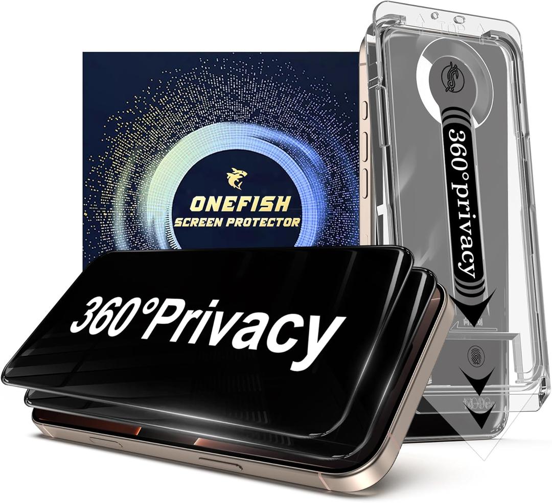 OneFish 2 Pack Privacy Screen Protector for iPhone 14 Pro - 4-Way 360 Anti-Spy Tempered Glass, 9H Hardness, 3D Curved Edges, Case-Friendly & Easy Installation