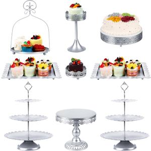 ZUMELER Silver Cake Stand Cupcake stand Dessert Table Display Set 3 Tiered Tray Cookie Candy Display Tower Serving Platters for Baby Shower Wedding Treat Tea Party 9 Pcs Metal