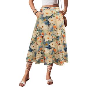 POPZONE Women Floral Midi Skirt Flowy Casual Swing Flowy A-Line Pockets Trendy Soft Flattering Skirt for Dressy Casual Floral-07 L