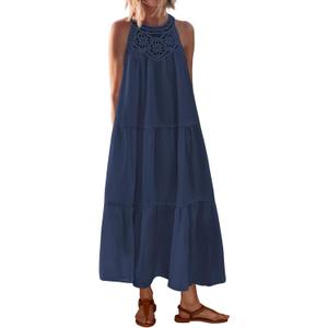 BTFBM Summer Halter Dresses for Women 2025 Casual Spring Hollow Out Sleeveless Boho Sundresses Beach Vacation Maxi Dress (Dark Blue) XL