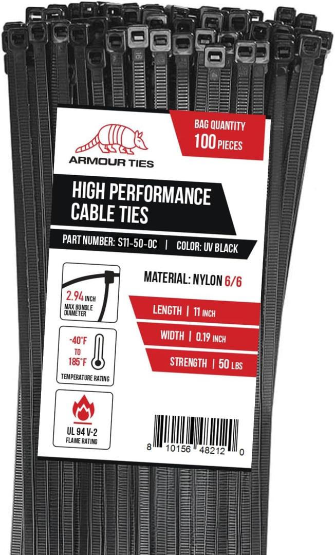 11 Inch Black Zip Ties, 50 lb Tensile Strength, 100-Pack
UV Resistant Industrial-Strength Nylon, Indoor and Outdoor Cable & Wire Management, Multi-Purpose Cable Ties, Self-Locking