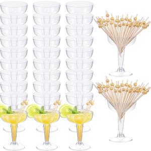 Kochorie 30 Pieces Plastic Margarita Glasses with Cocktail Sticks, 4 Ounces Disposable Champagne Coupe Champagne Tower Glasses Cocktail Dessert Cups for Birthday Wedding Party