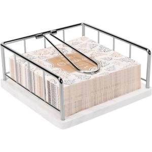 Livabber Flat Napkin Holder, Metal Kitchen Napkin Storage with Weighted Tension Arm Rustic Tissue Paper Dispenser for Countertop, Table Kitchen, Dining Room (With Marble Base, Chrome)