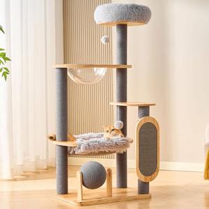 HITTITE Solid Wood Cat Tree Tower with Scratching Post, 53 Inches Tall Cat Towers with Scratching Board and Scratcher Ball, Modern Cat Tower with Space Capsule and Removable Top Bed for Indoor Cats