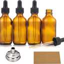 4 Pack, 2 oz Bottles with Dropper & 1 Funnel & 4 Labels - Essential Oils Bottles for Health, Personal Care & Beauty - 60ml Thick Dark Amber Glass Tincture Bottles, Refillable Cosmetic Containers