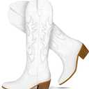 STALOV Cowboy Boots for Women Pull On Chunky Heel Boots Knee High Cowgirl Boots Western Pointed Toe Boots Embroidered Suede Boots, white, Size 7.5