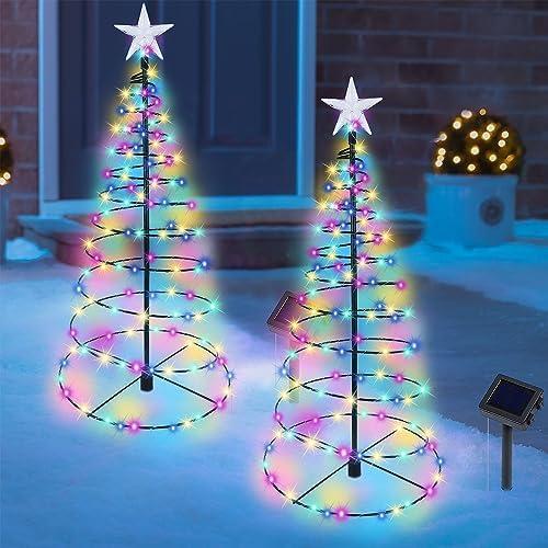 Dynaming 2 Pack Solar Spiral Christmas Trees with Multicolor Lights, 26" Outdoor Light Up Xmas Pathway Markers with Stake, Auto On/Off & Waterproof Lights for Winter Patio Yard Walkway Driveway Decor