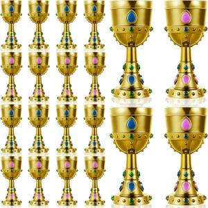 Suclain 17 Pcs Medieval Molded Crown Goblets 8 oz Gold Jeweled chalice Vintage Plastic Goblet King Queen Party Chalice Medieval Party Decorations for Carnival Drinking Supplies