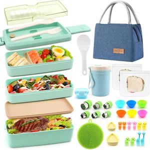 35Pcs Japanese Bento Box for Adults & Kids Lunch Box Kit Leakproof Wheat Straw Eco-Friendly 3 Compartment Stackable Lunch Box with Containers for Teen Preppy Boy (Green)