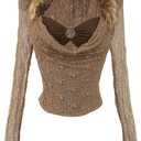 MakeMeChic Women's Faux Fur Cowl Neck Long Sleeve Top Sheer Ruched Y2k Tops Shirts (L)