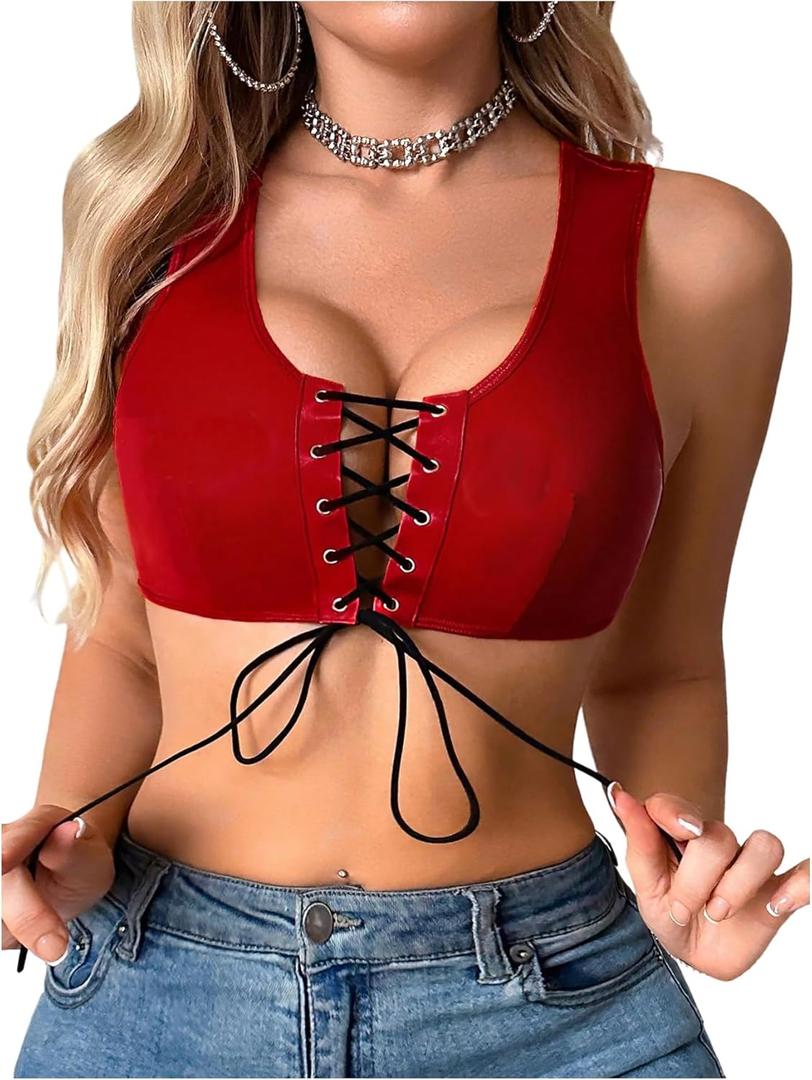 OYOANGLE Women's Pu Leather Push Up Bras Tie Front Wireless Bralettes Party Club Cropped Tops (Red) Small