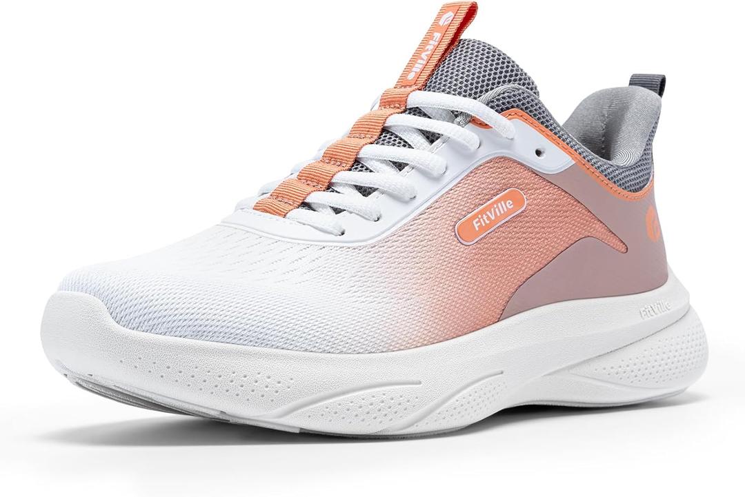 FitVille Extra Wide Shoes for Women, Hands Free Slip On Sneakers Lightweight Wide Walking Shoes Arch Support Comfortable Orthopedic Shoe for Standing All Day - ZephyrLite V4 (Orange/White)