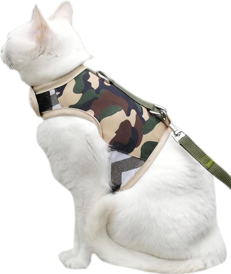 Cat Harness and Leash Set for Walking Escape Proof, Adjustable Cat Vest Harness, Padded Stylish Cat Walking Jackets, Camo Green, Medium (M 5.5-9LBS)