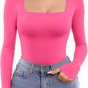 MANGOPOP Women's Square Neck Top Double Lined Short Sleeve Long Sleeve T Shirt Fitted Seamless Tee (Pink, XS)
