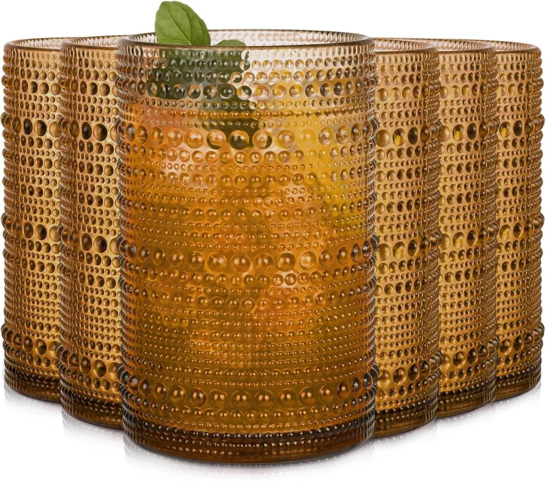 Amber Hobnail Drinking Glasses Set of 6,15 oz Vintage Highball Glasses,Drinkware Kitchen Glasses for Cocktail,Iced Coffee,Beer,Ice Tea,Wine,Whiskey,Water