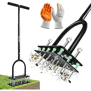 Saker Manual Lawn Aerator Tool with 15 Iron Spikes Adjustable Height, Double-Layer Spring, Heavy-Duty Iron Lawn Aerator Tool with Gloves for Loosening Soil Aerating Patio, Yard, Garden Black