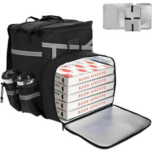 Food Delivery Backpack, Expandable Insulated Pizza Bag with 4 Cup Holders, Large Waterproof Catering Bag with Reflective Strip Support Boards for Delivery Bike, Doordash