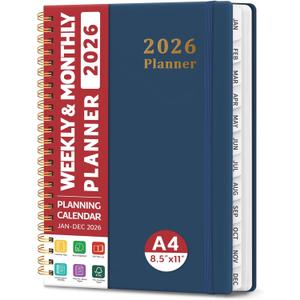 2026 Planner, Weekly and Monthly Calendar Planner, January 2026 - December 2026, Hardcover 2026 Calendar Book with Tabs For Women & Men, Inner Pocket, Spiral Bound, Perfect for Office Home School Supplies - A4 (8.5" x 11"), Navy