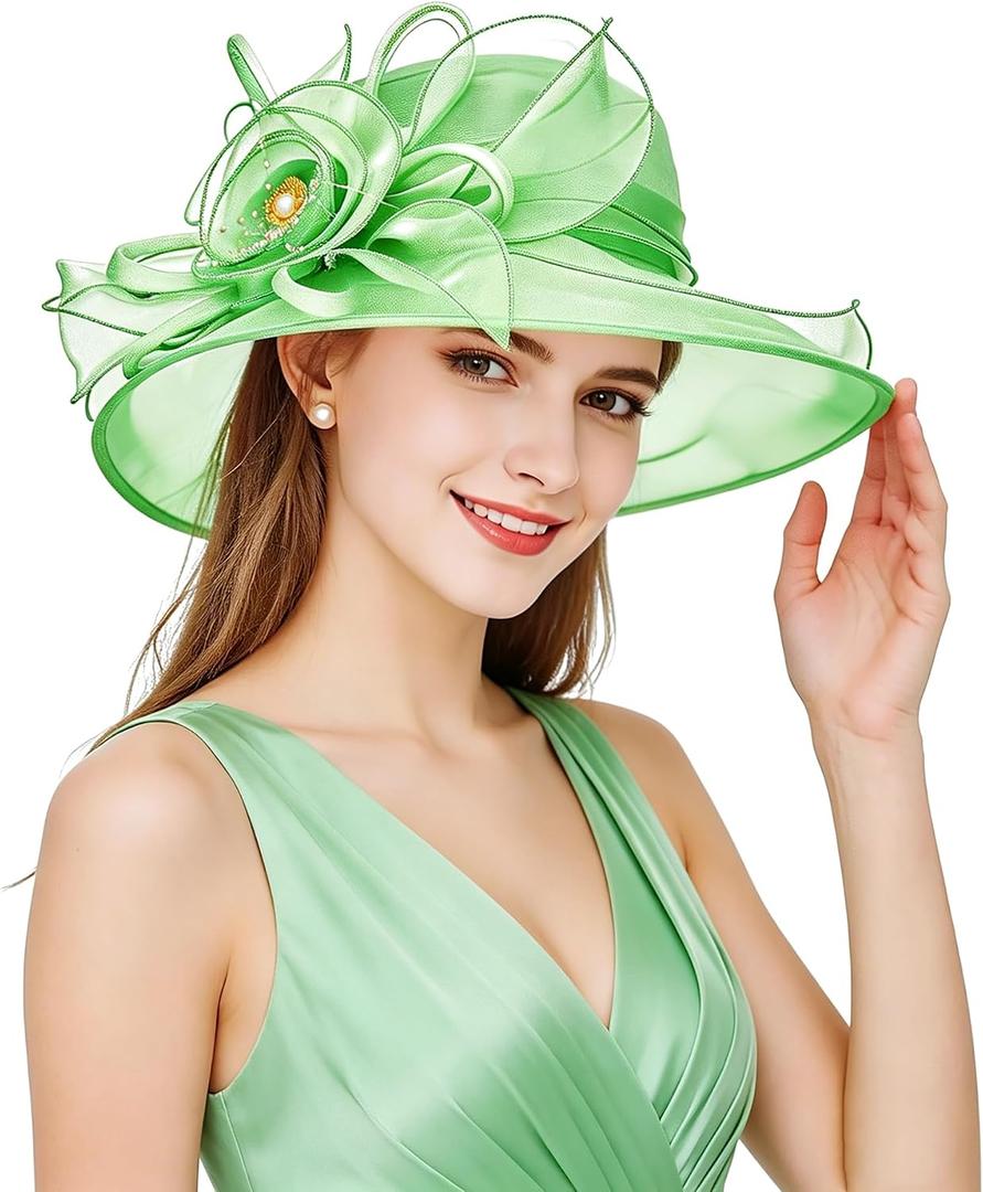 Women Derby Fascinator Hat Organza Church Wedding Hats Wide Brim Cocktail Tea Party Hat