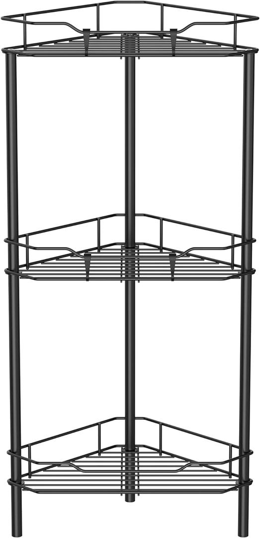 HuggieGems 3 Tier Floor Standing Corner Shower Caddy Organizer Shelf with Hooks, Bathroom Shelves Stand Rack, Black