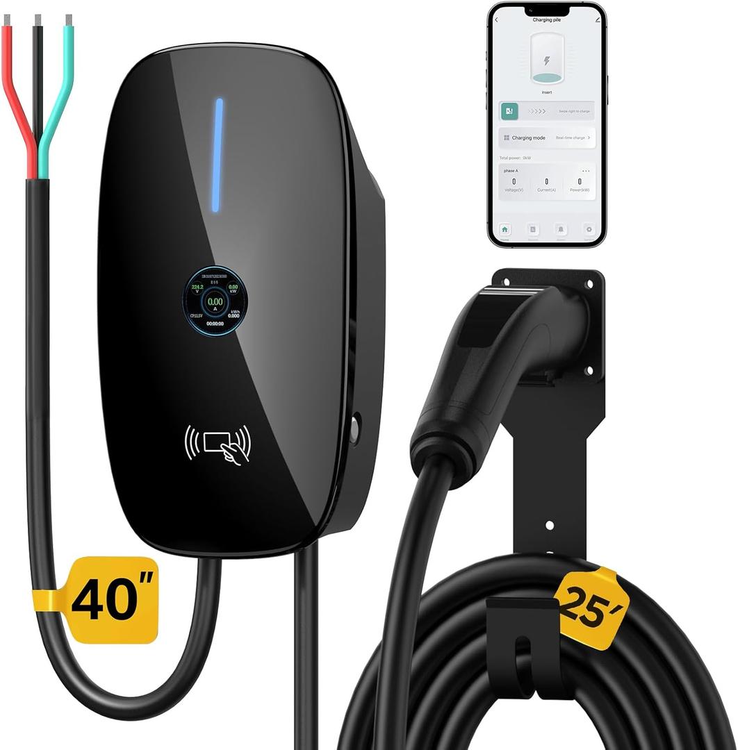 Level 2 EV Charger 48 Amp - NACS Compatible with Tesla, Smart Hardwired Installation, UL Certified, 25ft Cable, Indoor/Outdoor, 220V Electric Vehicle Charging Station, Black