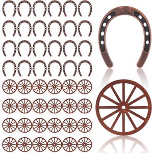 48 Pcs Horse Shoes Decor Set, Mini Wagon Wheels Horseshoes Small Horse Shoes Western Party Decorations Cowboy Cowgirl Horseshoes Party Favors Wood Metal Horseshoe Decorations